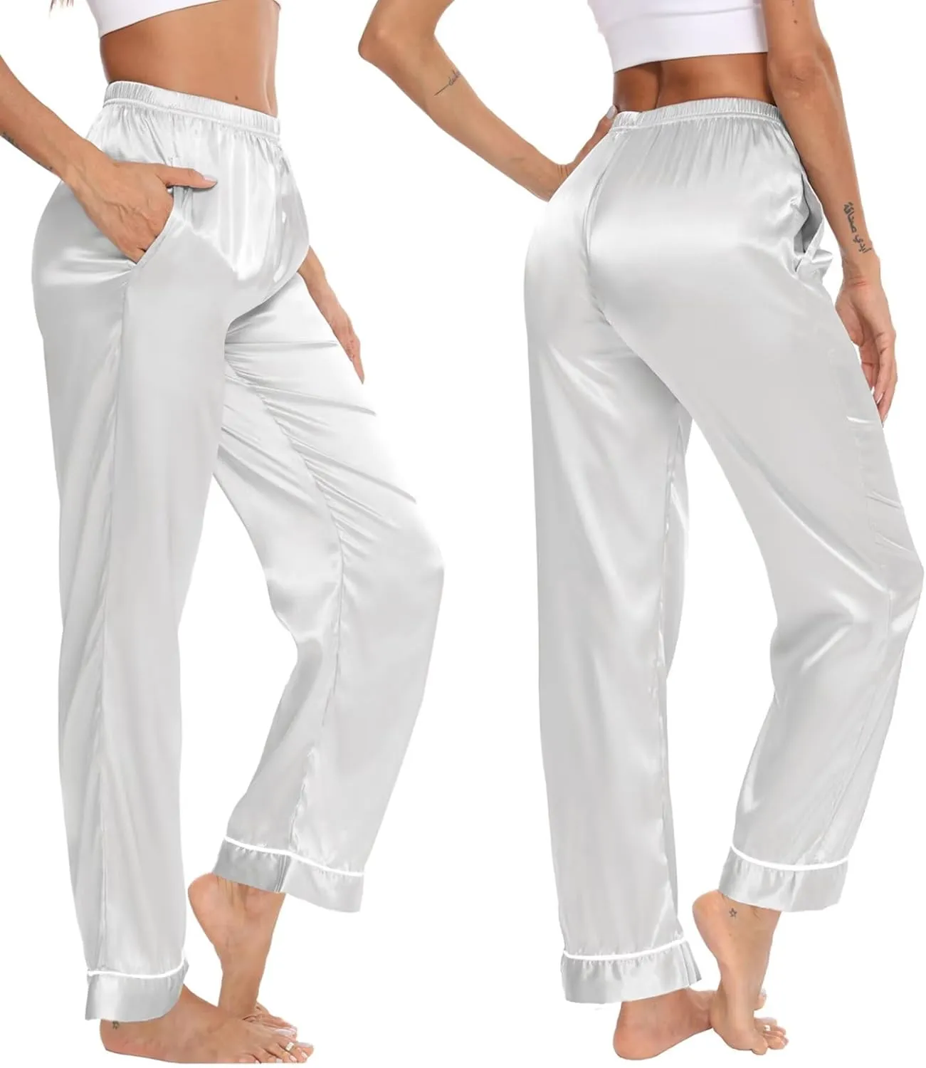 SWOMOG Women's Silk Satin Pants Wide Leg Pajama Bottoms Palazzo Lounge Pants Casual Loose Trousers Pj with Pockets