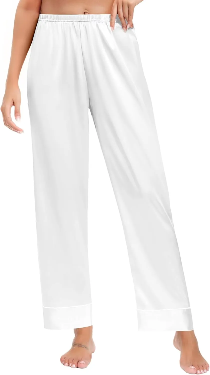 SWOMOG Women's Silk Satin Pants Wide Leg Pajama Bottoms Palazzo Lounge Pants Casual Loose Trousers Pj with Pockets