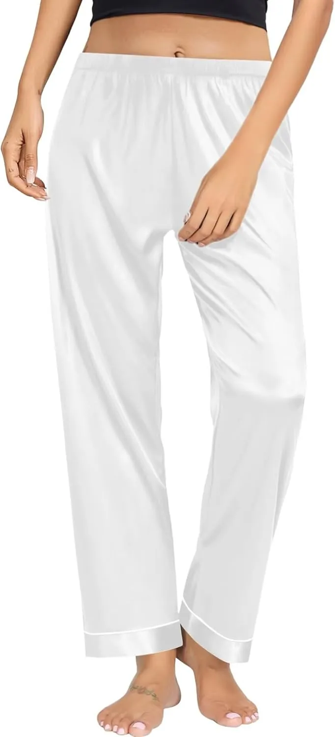 SWOMOG Women's Silk Satin Pants Wide Leg Pajama Bottoms Palazzo Lounge Pants Casual Loose Trousers Pj with Pockets