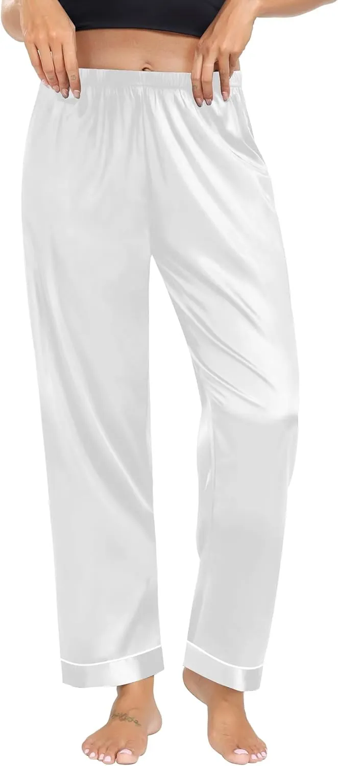 SWOMOG Women's Silk Satin Pants Wide Leg Pajama Bottoms Palazzo Lounge Pants Casual Loose Trousers Pj with Pockets