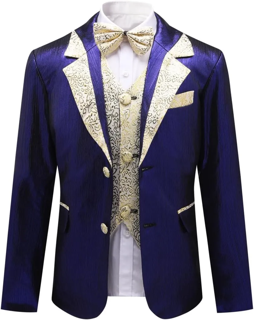SWOTGdoby Boys Slim Fit Suits 4 Pieces Blazer Vest Pants Bowtie Jacket with Gold Rims for Wedding Party Prom