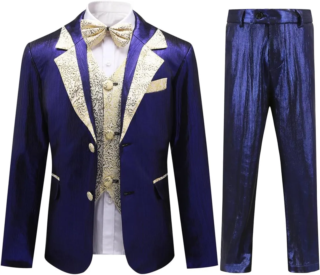 SWOTGdoby Boys Slim Fit Suits 4 Pieces Blazer Vest Pants Bowtie Jacket with Gold Rims for Wedding Party Prom