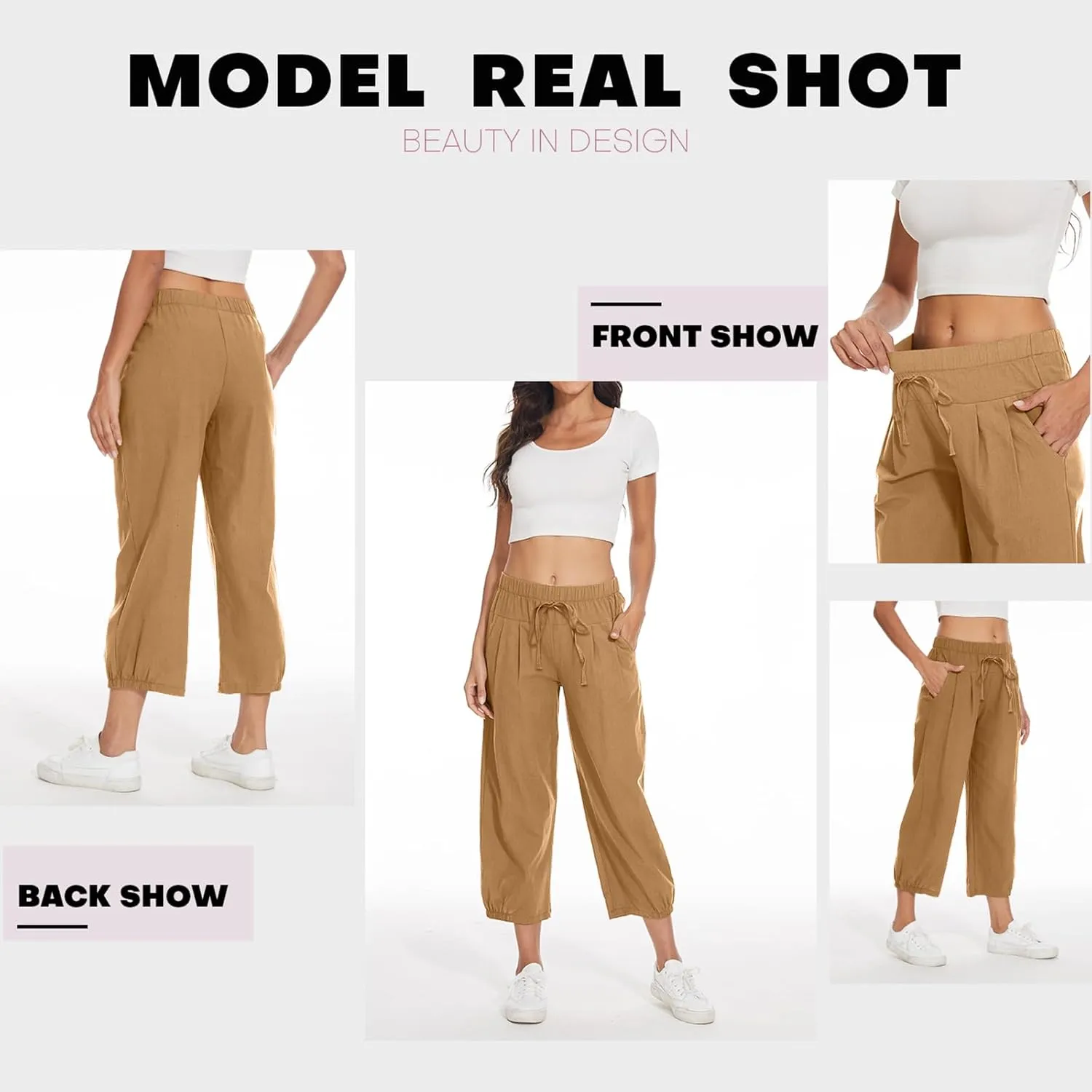 TBA Women's Casual Pants Summer Wide Leg Capris Drawstring Elastic High Waist Cotton Cropped Trousers with Pockets