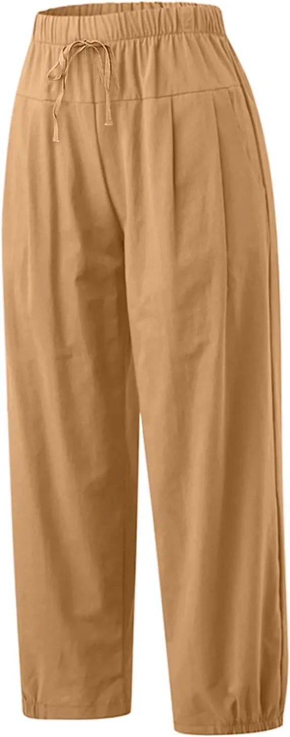 TBA Women's Casual Pants Summer Wide Leg Capris Drawstring Elastic High Waist Cotton Cropped Trousers with Pockets