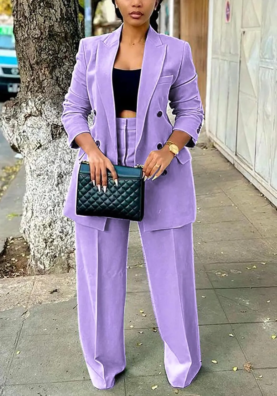 Tcremisa Women's Fashion Pants Suit 2 Piece Business Outfits Casual Double Breasted Blazer and Pant Sets