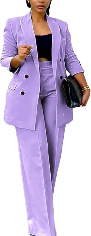 Tcremisa Women's Fashion Pants Suit 2 Piece Business Outfits Casual Double Breasted Blazer and Pant Sets