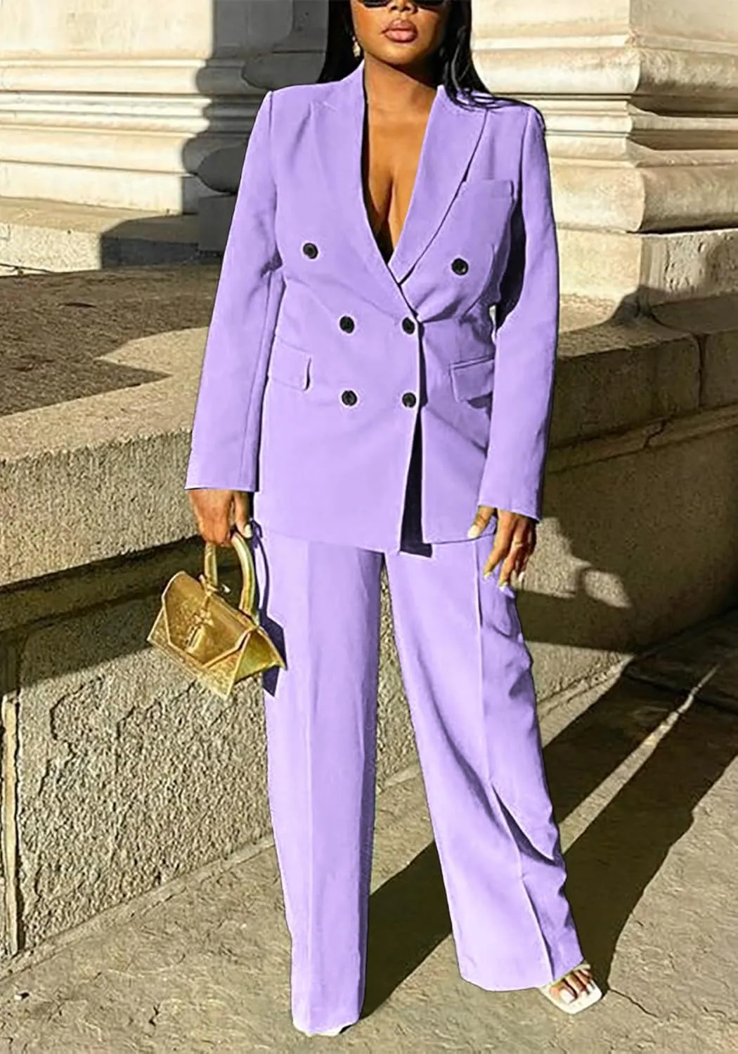 Tcremisa Women's Fashion Pants Suit 2 Piece Business Outfits Casual Double Breasted Blazer and Pant Sets