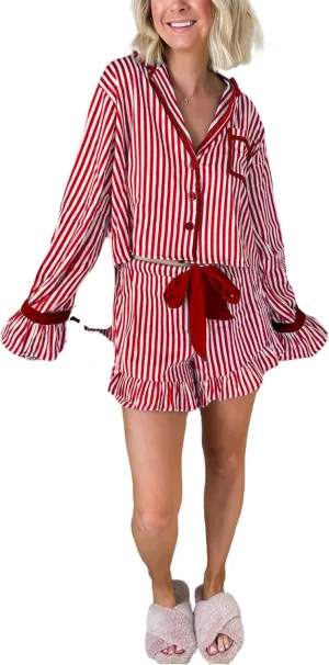 Thopavenoir Women 2 Piece Stripe Pajamas Sets Bow Tie Lounge Set Button Down Long Sleeve Tee   Ruffle Shorts Sleepwear