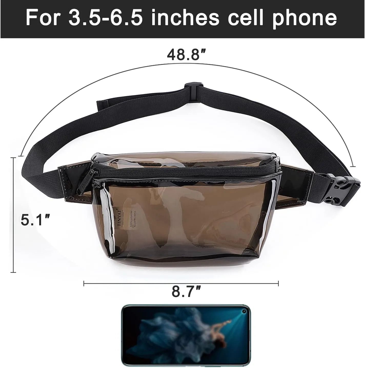 TINYAT Small Clear Fanny Pack Stadium Approved for Women, Clear Belt Bag for Waterproof Mini Waist Pack for Concerts, Sports (Black1)
