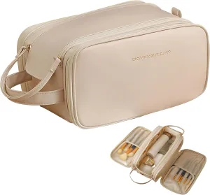 Travel Bag for Toiletries, Large Capacity Cosmetic Organizer, Waterproof Portable Travel Makeup Bag (Beige)