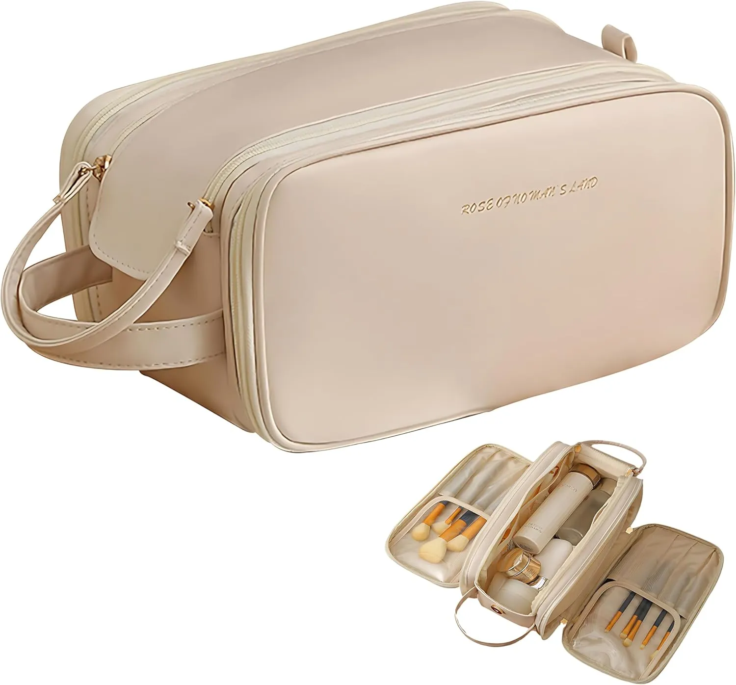 Travel Bag for Toiletries, Large Capacity Cosmetic Organizer, Waterproof Portable Travel Makeup Bag (Beige)