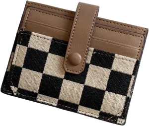 TURBOOST Cute Slim Card Holder Canvas Front Pocket Checkered Wallet, Small Credit Card Case for Women (Brown)