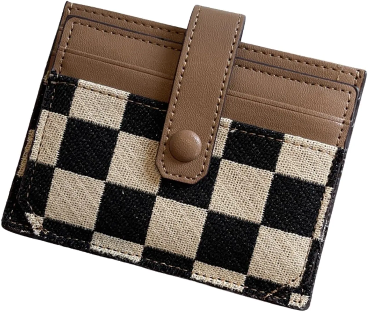 TURBOOST Cute Slim Card Holder Canvas Front Pocket Checkered Wallet, Small Credit Card Case for Women (Brown)
