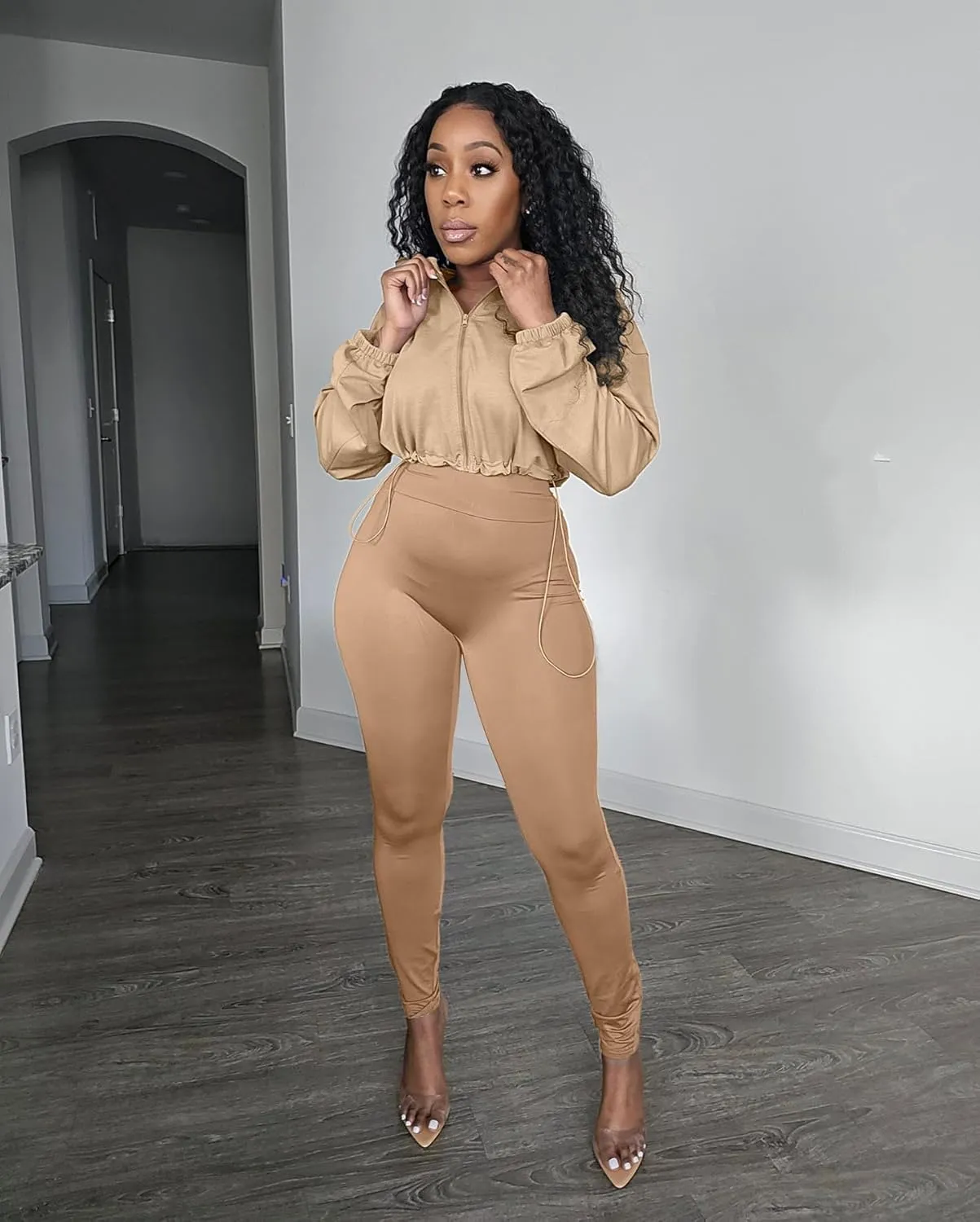 Uni Clau Womens 2 Piece Outfit Tracksuit Zip Up Long Sleeve Drawstring Crop Jacket Top Bodycon Leggings Pants Sets Sweatshirt