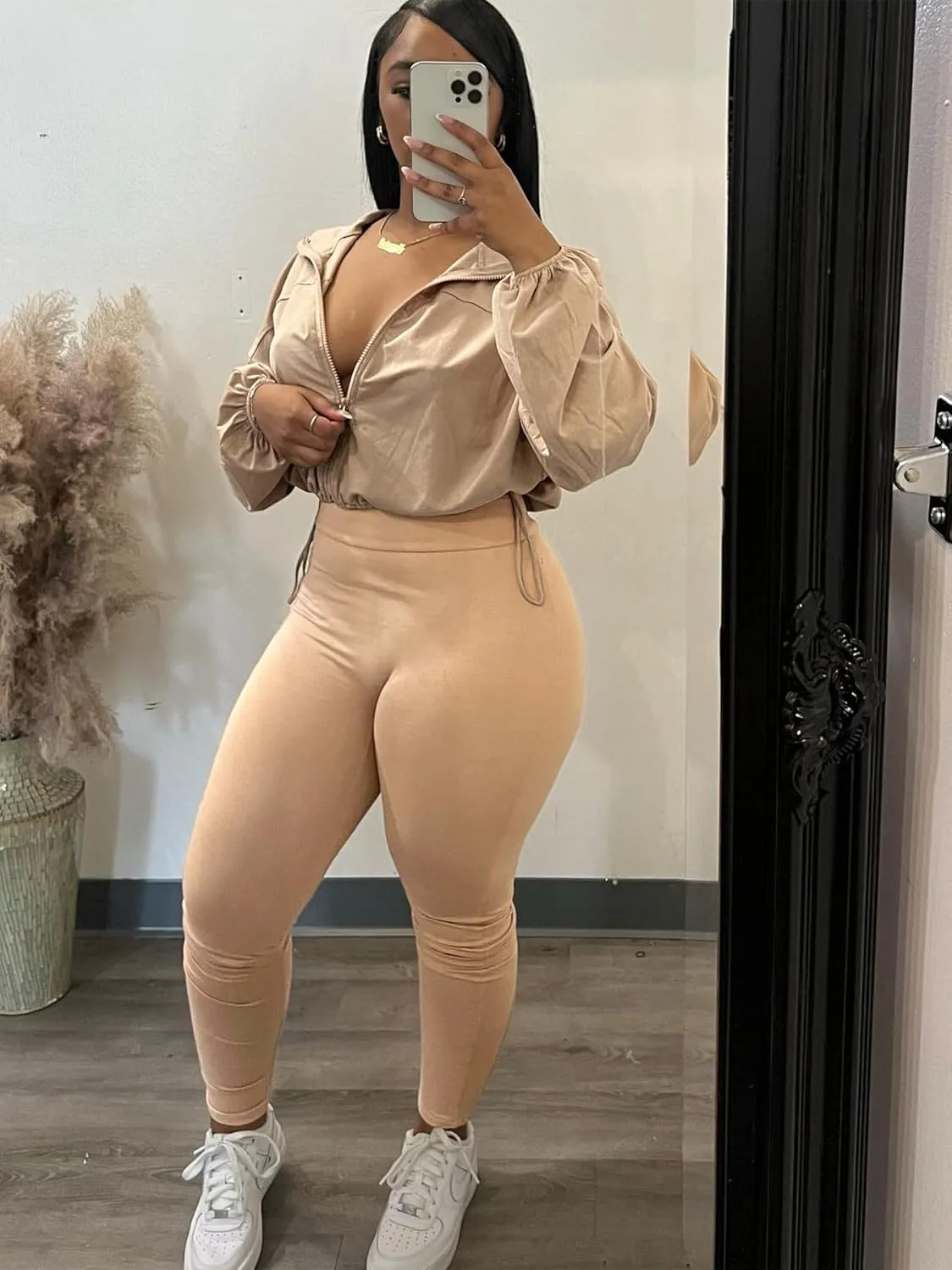 Uni Clau Womens 2 Piece Outfit Tracksuit Zip Up Long Sleeve Drawstring Crop Jacket Top Bodycon Leggings Pants Sets Sweatshirt