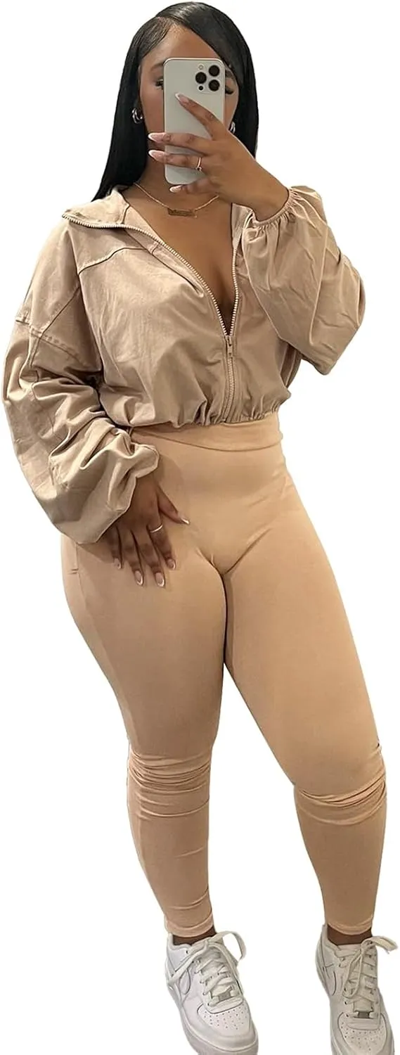 Uni Clau Womens 2 Piece Outfit Tracksuit Zip Up Long Sleeve Drawstring Crop Jacket Top Bodycon Leggings Pants Sets Sweatshirt