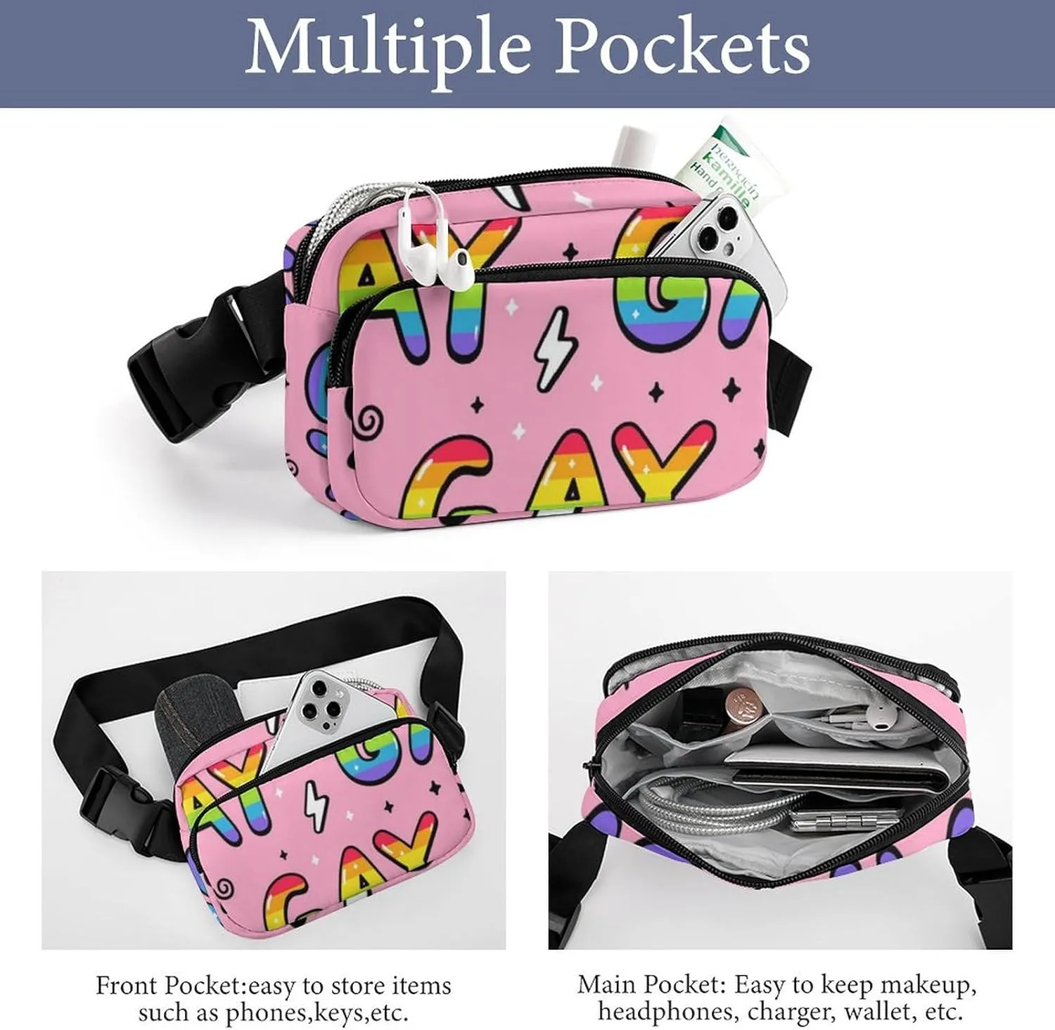 Unisex Small Belt Bag - Waterproof Crossbody Pouch Compatible with Cool Stylish Gay Lgbt Pride Flag for Travel/Workout