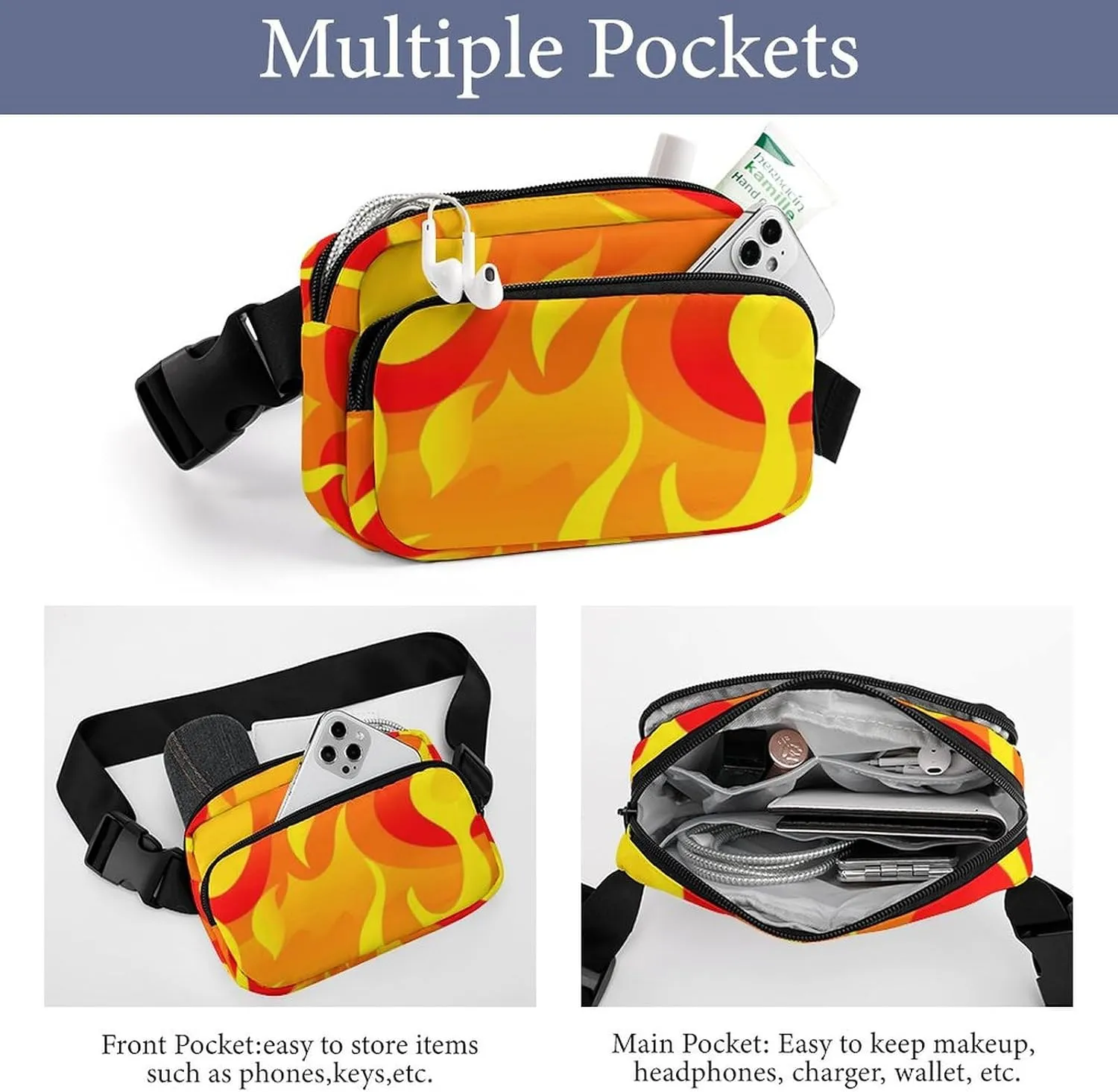 Unisex Travel Fanny Pack Compatible with Cartoon Flame - Waterproof Belt Bag for Hiking & Outdoor Sports
