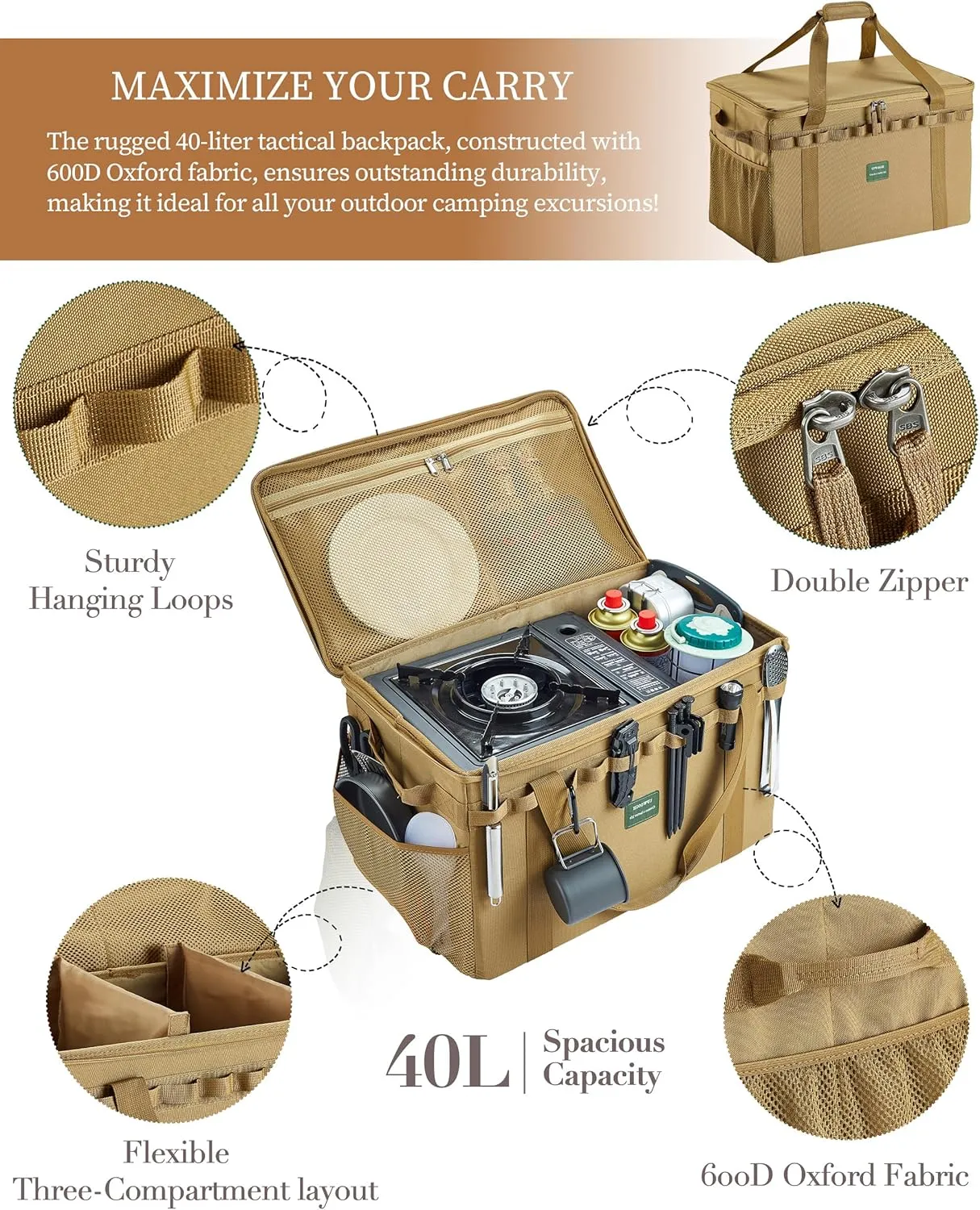 UPWOIGH Tactical Camping Storage Bag 40L  Heavy Duty Duffel with Waterproof Bottom, Collapsible Organizer with 2 Adjustable Dividers, 600D Oxford Fabric, Brown Overlanding Gear