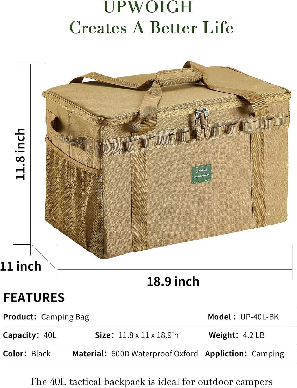 UPWOIGH Tactical Camping Storage Bag 40L  Heavy Duty Duffel with Waterproof Bottom, Collapsible Organizer with 2 Adjustable Dividers, 600D Oxford Fabric, Brown Overlanding Gear