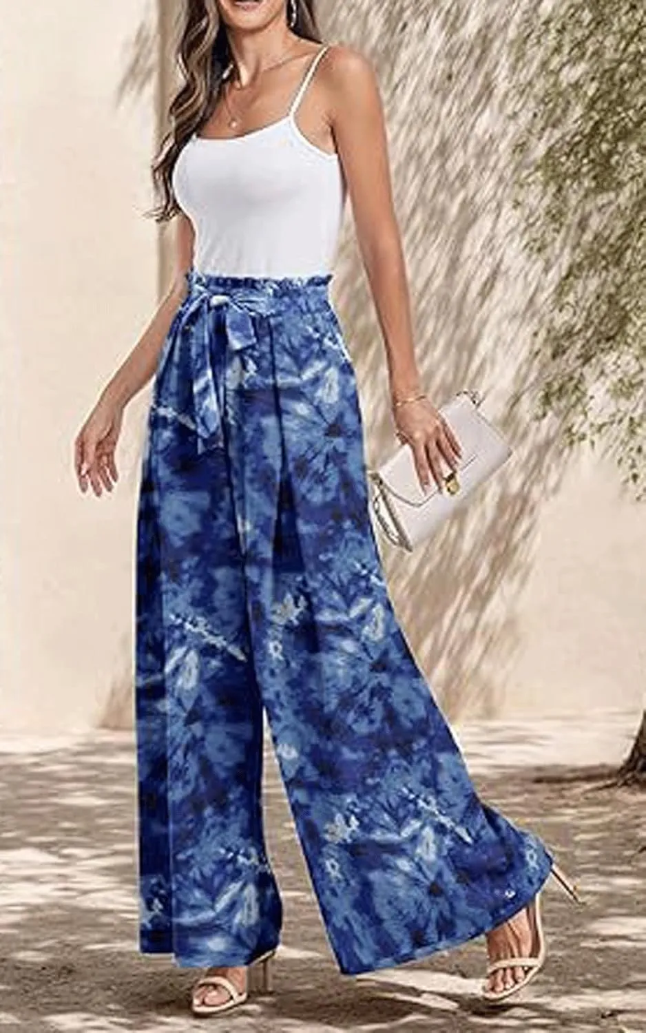 utcoco Printed Pants for Women Work Casual Loose Trousers High Waist Adjustable Knot Wide Leg Pants with Pockets