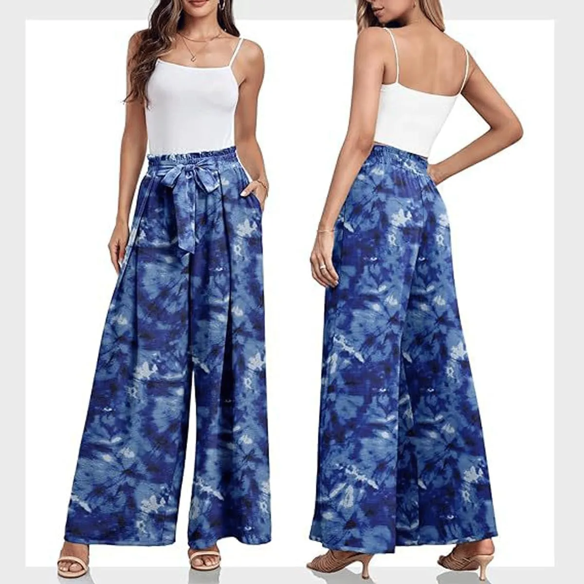 utcoco Printed Pants for Women Work Casual Loose Trousers High Waist Adjustable Knot Wide Leg Pants with Pockets