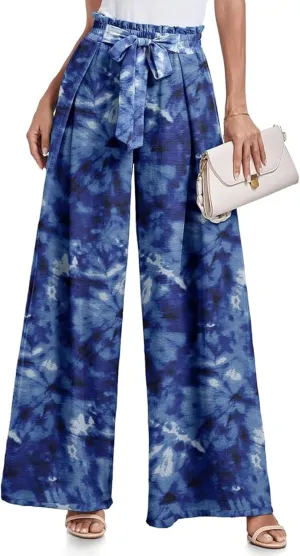 utcoco Printed Pants for Women Work Casual Loose Trousers High Waist Adjustable Knot Wide Leg Pants with Pockets