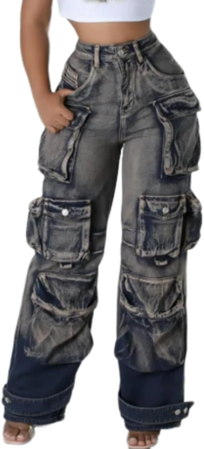 Vakkest Cargo Jeans for Women Trendy High Waisted Wide Straight Leg Loose Baggy Denim Pants with Pockets Y2K Trousers