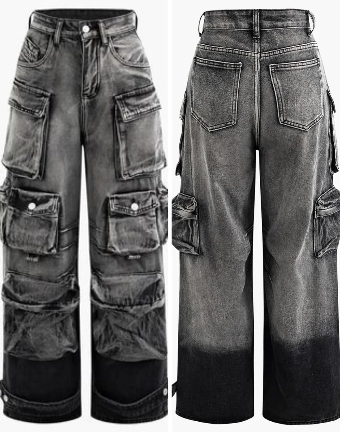 Vakkest Cargo Jeans for Women Trendy High Waisted Wide Straight Leg Loose Baggy Denim Pants with Pockets Y2K Trousers