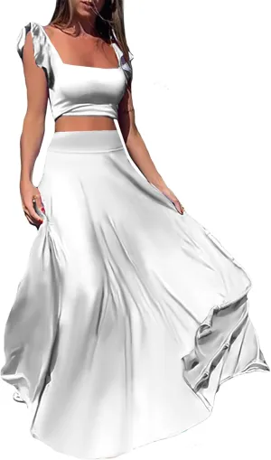 Vakkest Womens Summer Sexy 2 Pieces Outfits Ruffle Floral Tank Top Wrap Boho Tropical Long Skirt Set Clubwear Dresses