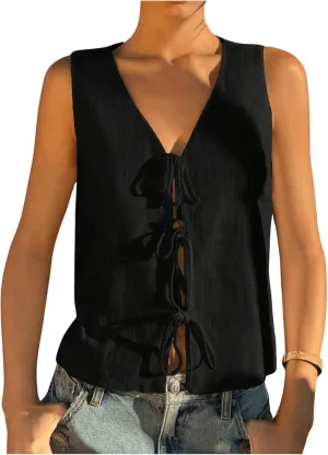 Verdusa Women's Old Money Clothes Bow Tie Front Vest Sleeveless V Neck Summer Cardigan Tank Tops