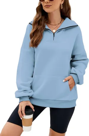Wanzetaly Womens Oversized Half Zipper Stand Collar Hooded Sweatshirts Crop Hoodie Fleece Pullover Tops with Pocket