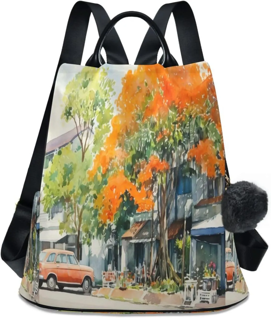 Watercolor Town Street View Backpack Purse Anti-Theft Casual Travel Rucksack Fashion Lightweight Shoulder Bag for Tote Backpack Ladies