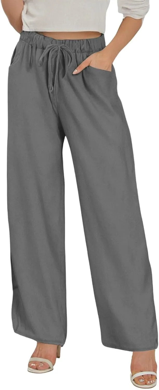 Wide Leg Linen Pants for Women Plus Size Loose Fit Casual Summer Beach Pants with Pockets Lightweight Cropped Trouser