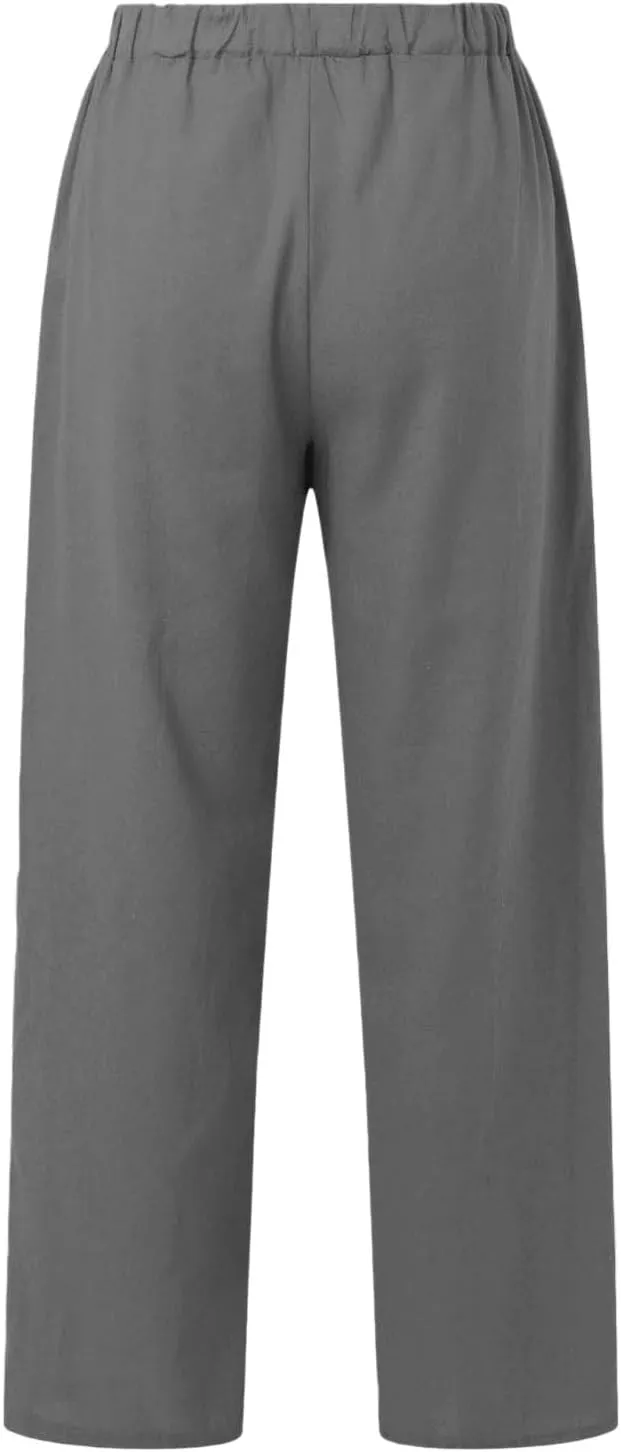 Wide Leg Linen Pants for Women Plus Size Loose Fit Casual Summer Beach Pants with Pockets Lightweight Cropped Trouser