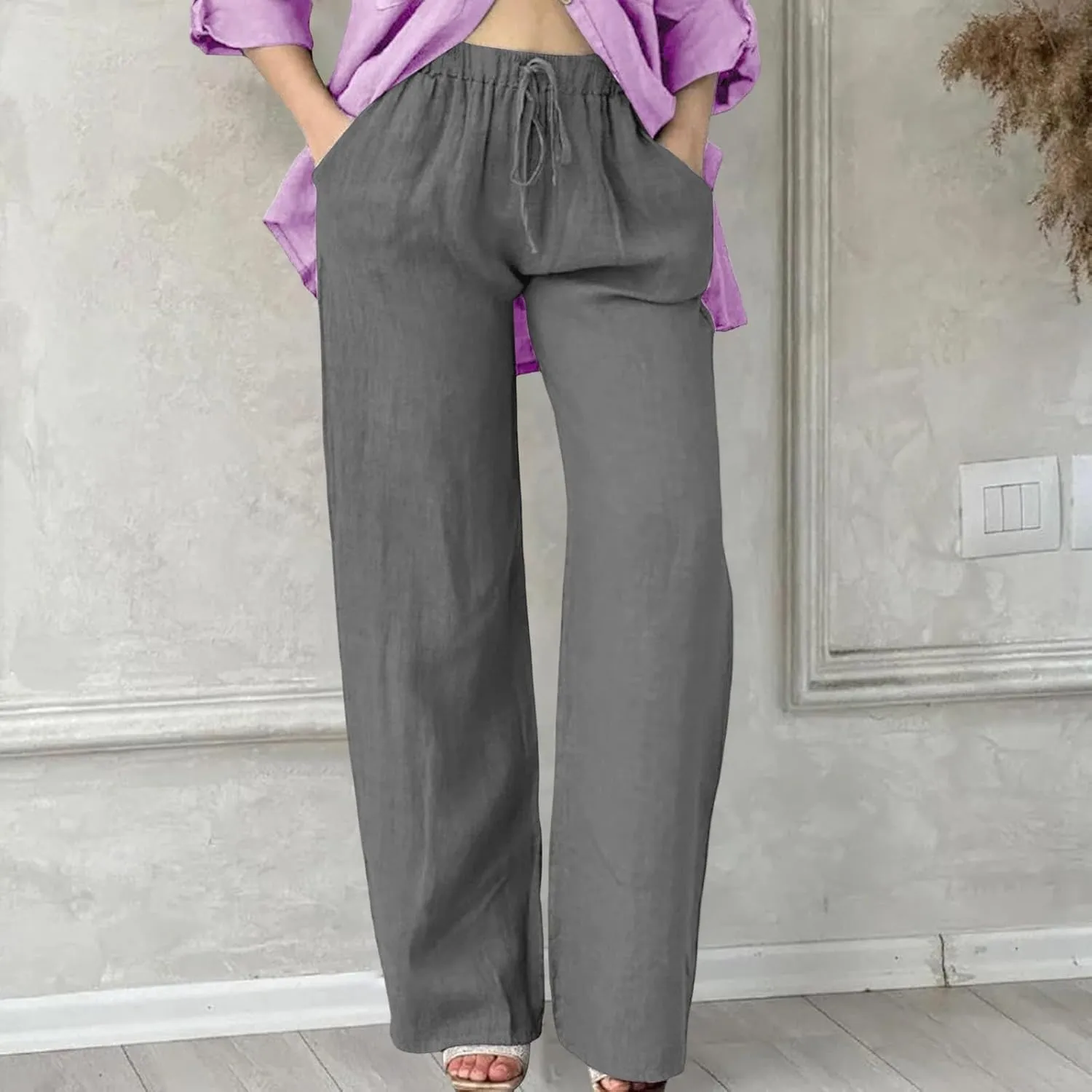 Wide Leg Linen Pants for Women Plus Size Loose Fit Casual Summer Beach Pants with Pockets Lightweight Cropped Trouser