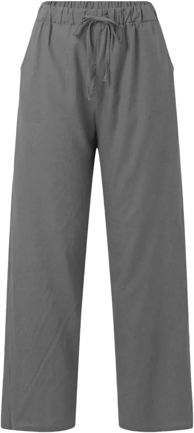 Wide Leg Linen Pants for Women Plus Size Loose Fit Casual Summer Beach Pants with Pockets Lightweight Cropped Trouser
