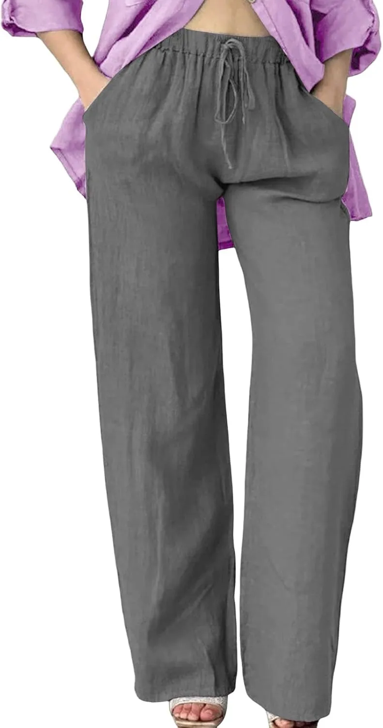 Wide Leg Linen Pants for Women Plus Size Loose Fit Casual Summer Beach Pants with Pockets Lightweight Cropped Trouser