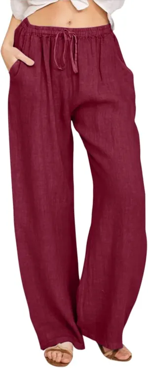 Wide Leg Linen Pants Women Summer Casual Linen Wide Leg Pants with Pockets Drawstring Beach Palazzo Pants Lounge Trousers, XX-Large, #C9-wine