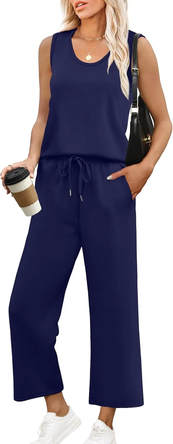 WIHOLL Two Piece Sets for Women Casual Travel Vacation Outfits Summer Wide Leg Pants Lounge Sets