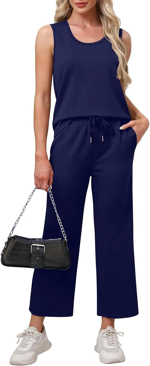 WIHOLL Two Piece Sets for Women Casual Travel Vacation Outfits Summer Wide Leg Pants Lounge Sets