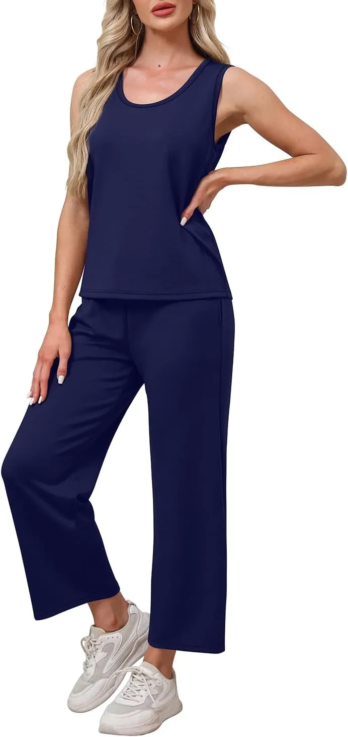 WIHOLL Two Piece Sets for Women Casual Travel Vacation Outfits Summer Wide Leg Pants Lounge Sets