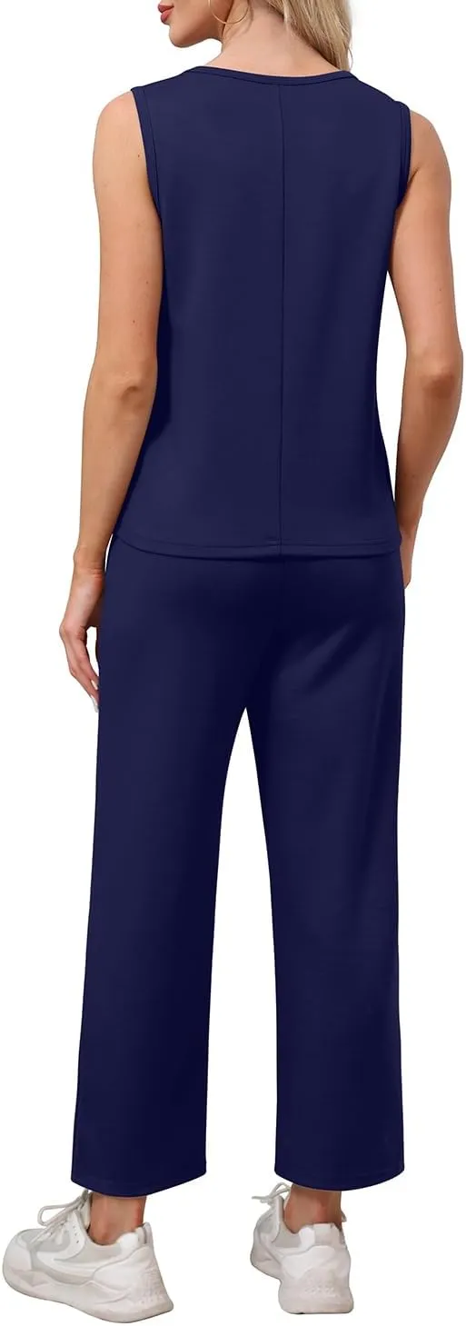 WIHOLL Two Piece Sets for Women Casual Travel Vacation Outfits Summer Wide Leg Pants Lounge Sets