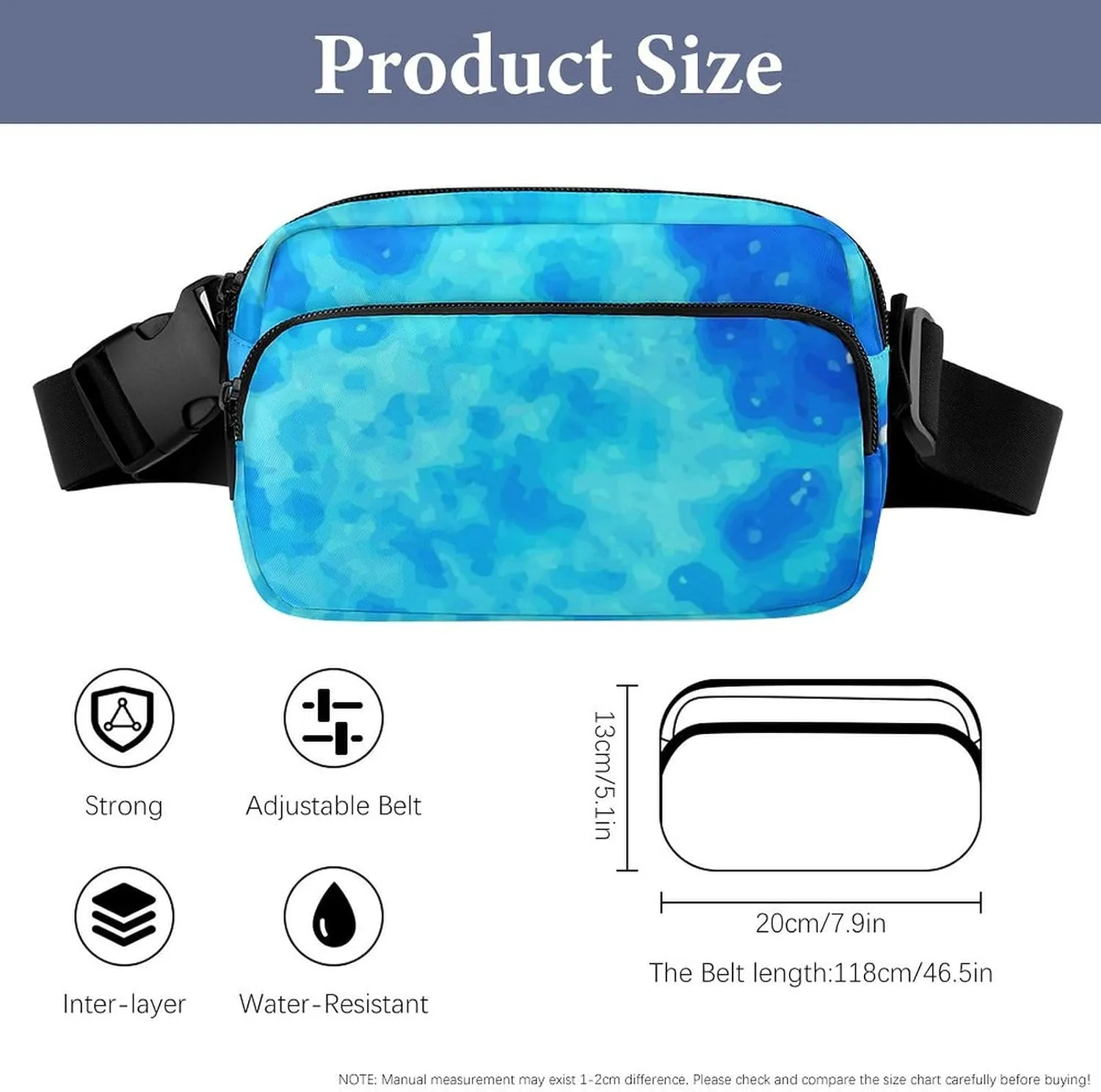 Women and Mens Waterproof Fanny Pack for Hiking/Cycling - Adjustable Waist Pack Compatible with Blue Tie Dye Watercolor