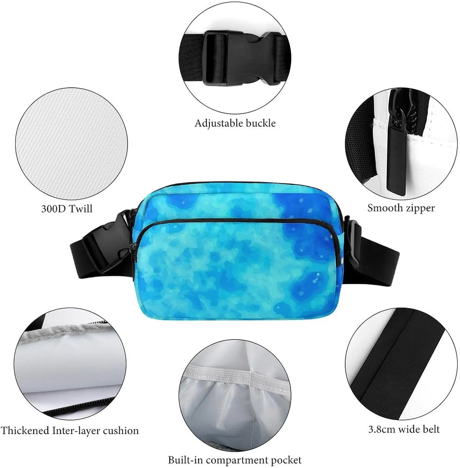 Women and Mens Waterproof Fanny Pack for Hiking/Cycling - Adjustable Waist Pack Compatible with Blue Tie Dye Watercolor