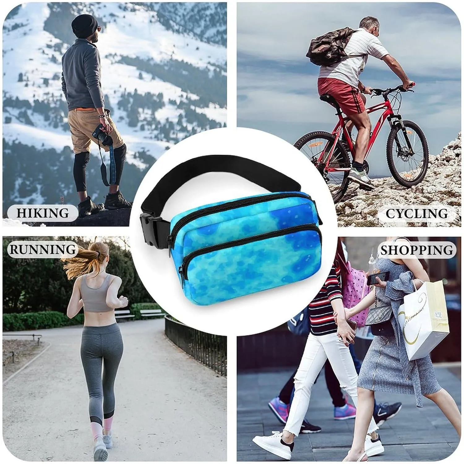 Women and Mens Waterproof Fanny Pack for Hiking/Cycling - Adjustable Waist Pack Compatible with Blue Tie Dye Watercolor