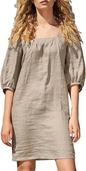 Women Cotton Linen 2025 Square Neck Dress Puff Half Sleeve Plain Mini Tshirt Dresses Plus Size Summer Casual Outfits
