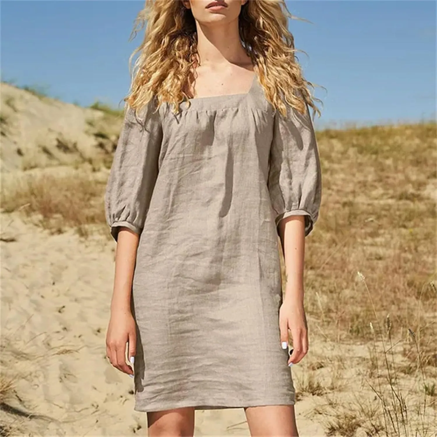 Women Cotton Linen 2025 Square Neck Dress Puff Half Sleeve Plain Mini Tshirt Dresses Plus Size Summer Casual Outfits