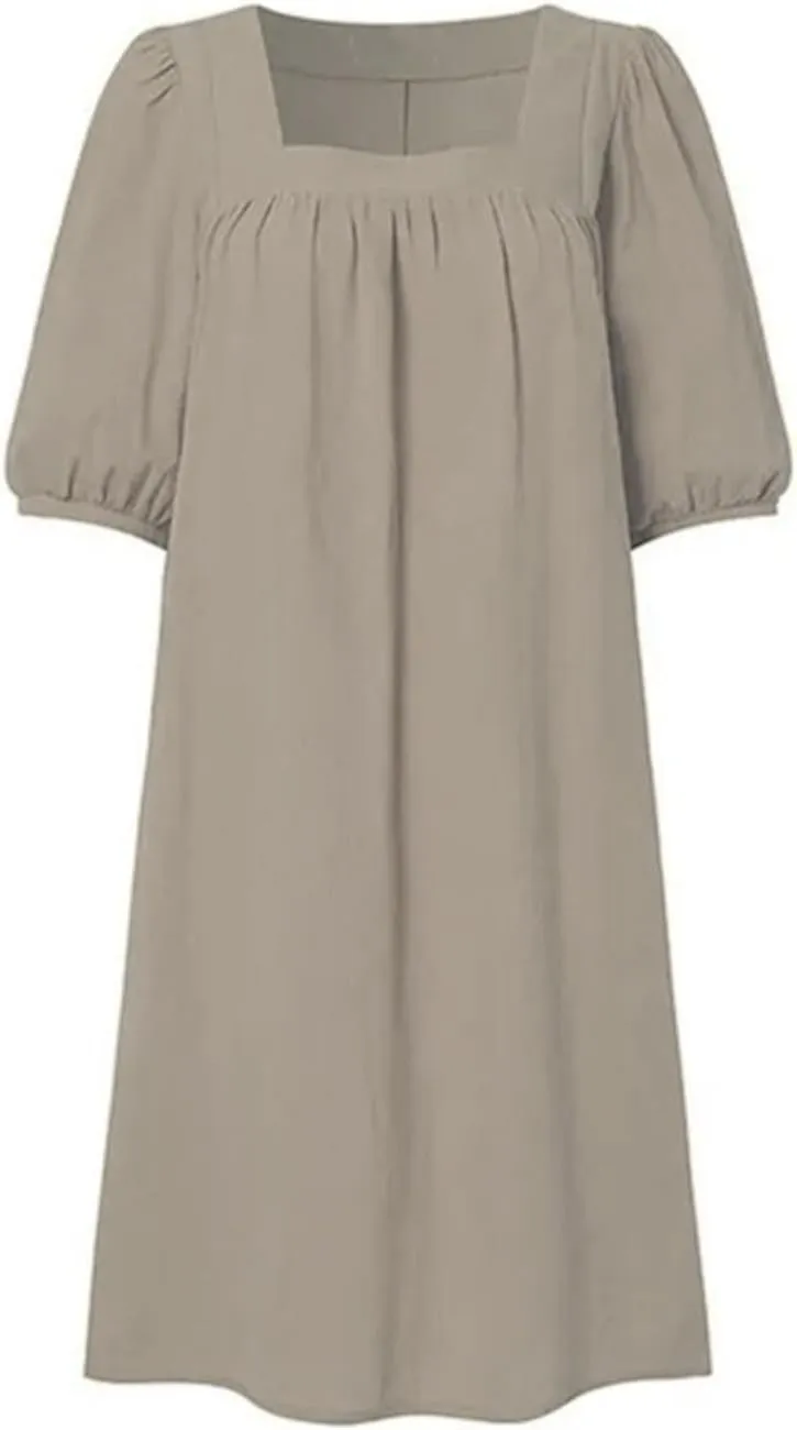 Women Cotton Linen 2025 Square Neck Dress Puff Half Sleeve Plain Mini Tshirt Dresses Plus Size Summer Casual Outfits