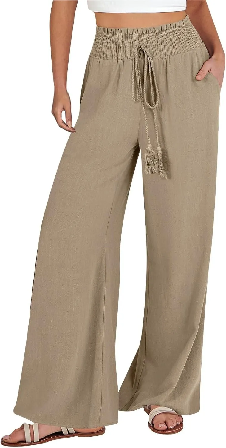 Women Cotton Linen Summer Casual Loose Palazzo Lounge Pants Elastic Waisted Stretchy Slim Fit Pant Trousers